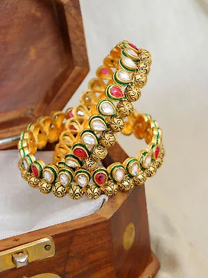 Indian Kundan Bangles Set-Gold Plated Meenakari Wedding Bridal Kada Jewelry • $13.45