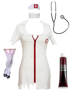 Adult Zombie Nurse Fancy Dress Costume Womens Halloween Horror Nurse Outfit Set • £17.99