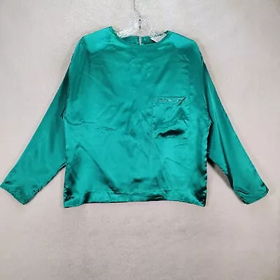 Honors Womens Top Size M Green Satin Round Neck Rhinestone Vtg 90s FLAW Blouse • $17.95