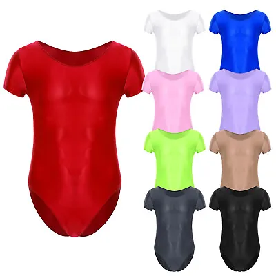 UK Men Short Sleeve Leotard Glossy Round Neck High Cut Bodysuit Swimwear Sports • £4.99