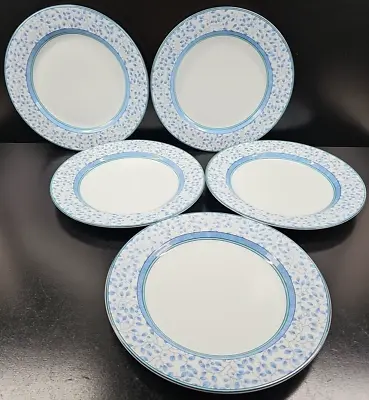 (5) Mikasa Susanne Dinner Plates Set Blue Leaves Green Bands Dishes Portugal Lot • $126.87