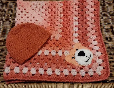 $36 • Buy Handmade Crochet  Coral Variegated  Baby Afghan W/Bear Applique & Hat (0-3 Mos.)
