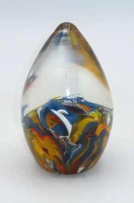 MDINA GLASS MALTA ART GLASS PAPERWEIGHT (Blue/Orange/White) SIGNED & NO. (3.5 ) • $34