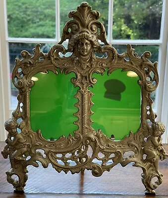 Ornate Antique Italian Solid Brass Double Picture Frame Putti Cherubs W/ Stand • $225