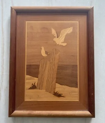 Vintage MCM Wood Marquetry Inlay Birds Seagulls On The Beach Picture Framed • $59.99