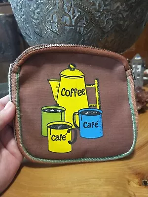 Vintage Retro 1970s Brown Canvas Zippered Pouch With Coffee Theme. Pot Cups • $15.99