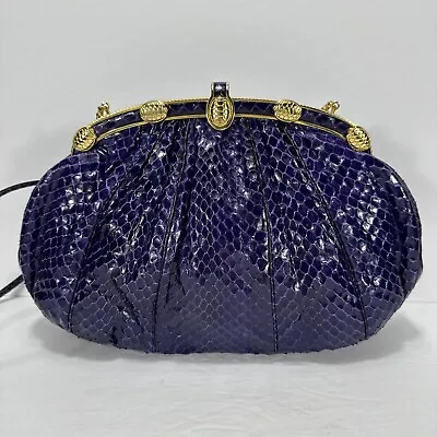 VTG Judith Leiber Purple Snakeskin Evening Clutch Crossbody Purse Gold Clasp • $295