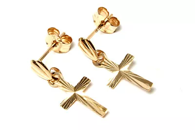 9ct Gold Diamond Cut Cross Drop Earrings Gift Boxed Made In UK • £39.99