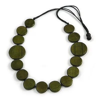 £9.88 • Buy Worn Effect Dark Green Wood Button Bead Necklace With Waxed Cotton Cord -