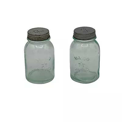 3 1/2 Inch Mason Jar Co 1853 Salt And Pepper Shaker Set Light Green Glass • $10.49