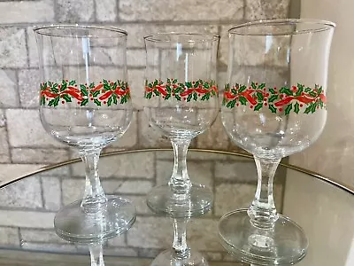 Holiday Christmas Holly Vintage Stemware Water/ Wine Glasses Set Of 3 • $19.99