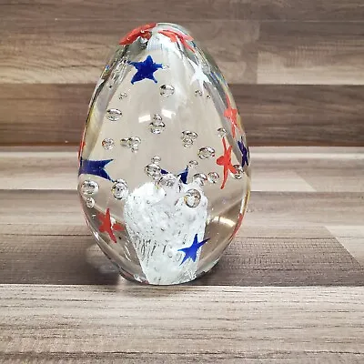 Large Fourth Of July Stars Red White Blue Vintage Blown Art Glass Paperweight • $45.97