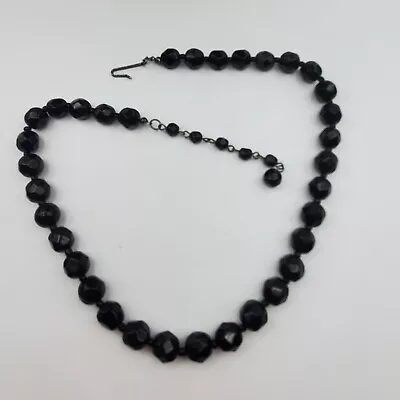 Jet Black Glass Beaded Necklace Vintage Choker Faceted Czech Beads 18 1/2  Long • $30
