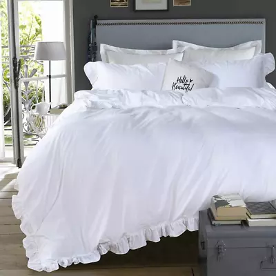 White Ruffle Twin Duvet Cover100% Washed Cotton Shabby Boho Chic Farmhouse Bedd • $68.99