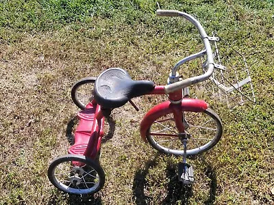 Antique 1948 Red Metal Boys/Girls Tricycle W/Wire Basket & Hard Rubber Tires  • $275