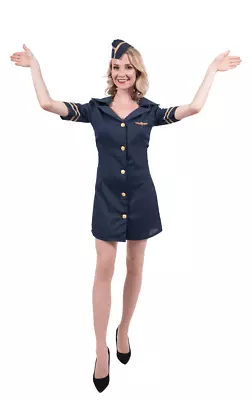 £33.99 • Buy Womens Blue Air Hostess Costume Flight Attendant Cabin Crew Uniform Fancy Dress