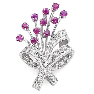 Vintage 14K White Gold Ruby & 0.66 TCW Diamond Floral Pendant • $495