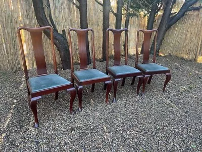 Set Of Four Antique Mahogany Slat Back Dining Chairs With Blue Upholstery • £120