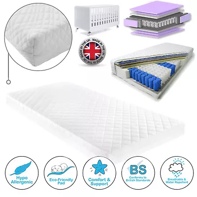 TODDLER BABY COT BED POCKET SPRUNG MATTRESS QUILTED COVER MATTRESS 140 X 70 CM • £46.99