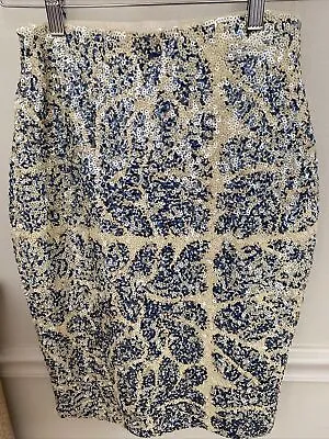 J Crew Skirt Xxs Embellished Sequins White&blue  Midi Elastic Waist Preloved • $44.95