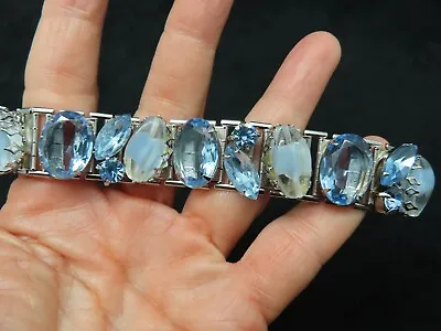 Vintage Silver Tone W/LARGE GIVRE Blue Rhinestone Bracelet • $67.49