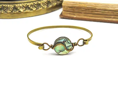 Vintage Genuine Abalone Brass Modernist Boho Bangle Bracelet PP9 • $16.99