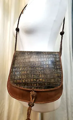 Vintage Tan REAL LEATHER Mock Croc Shoulder SADDLE Bag  Festival Tassel Medium • £24.95