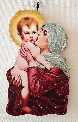 MADONNA & CHILD JESUS HOLY INFANT  * Glitter CHRISTMAS ORNAMENT * Vtg • $10.50