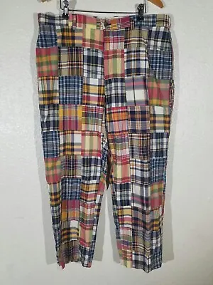Brooks Brothers Cotton Indian Pink Madras Patchwork Plaid Flat Front Pants 38X30 • $134.96