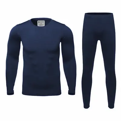 Mens Ultra-Soft Fleece Lined Thermal Base Layer Top & Bottom Set - Navy Blue S • $17.99