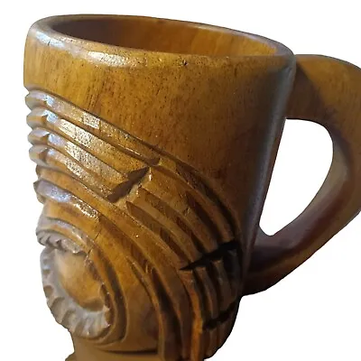 Vintage Hawaii Carved Monkey Pod Wooden Tiki Mask Mug 5.5  T By 4  W + Handle  • $11