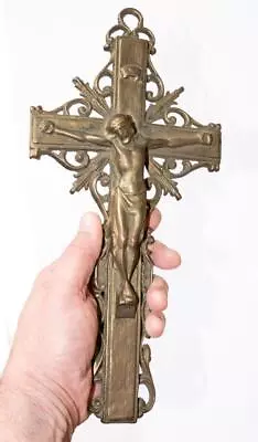 RARE LARGE ANTIQUE C.1890's REPOUSSE GOTHIC 12  SOLID BRONZE WALL CRUCIFIX CROSS • $9.99