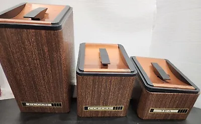 VTG Kromex Brown Wood Grain Copper Lid Rectangle Kitchen Canister Set Of 3 • $10.56