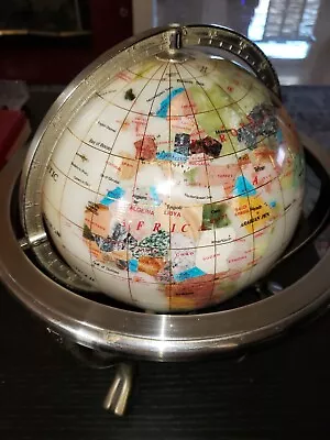 World Globe Earth Tones Semi-Precious Stone On 3 Leg Brass Stand With Compass • $1199