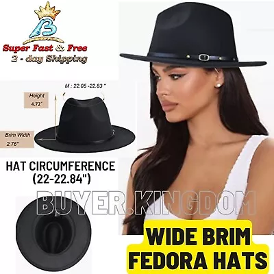 Womens Boyfriend Style Wide Brim Wool Fedora Panama Hat Trilby Cap W/ Belt Black • $17.49