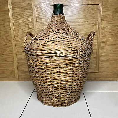 Antique Demijohn Carboy Wine Jug Wicker Cover Green Glass Bottle Large • $499.99