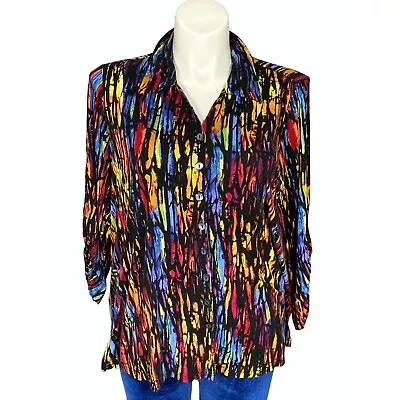 Ali Miles Size 1X Colorful Knit Top 3/4 Cinched Sleeve Button Front Tunic • $14.99