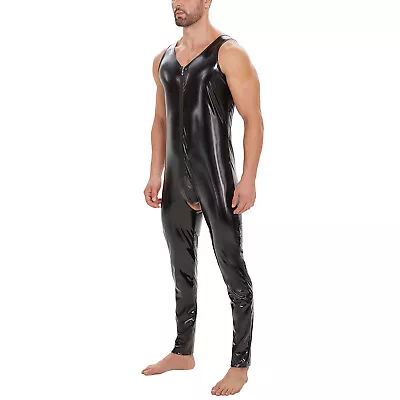 Leather Zip Bodysuit PVC Kinky Wetlook Clubwear Catsuit Men's Fetish Faux • £22.99