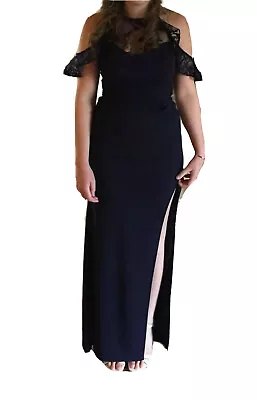 Lipsy Maxi Dress 10 Navy Lace Side Slit Evening Wedding Occasion Prom Ball Gown • £29.99