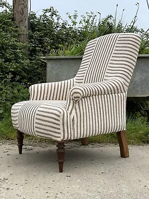 Pair Of French Armchairs Louis Style In Guy Goodfellow Cocoa Stripe Sacking • £1995