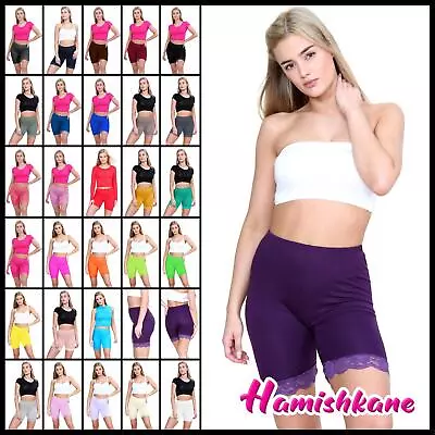 Ladies Womens Scallop Lace Trim Plain Gym Bike Viscose Cycling Shorts Hot Pants • £7