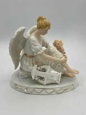 O'Well Angel & Cherub W/ Harp Porcelain Figurine Ivory & Gold • $19.80