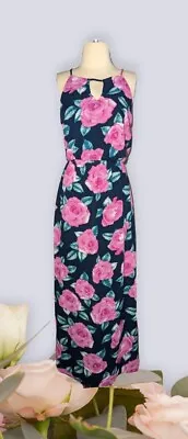 MIAMI Beach Hawaiian Sleeveless Sundress MAXI DRESS Sz Large Pink FLORAL Navy • $22.99