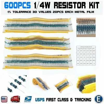 600pcs 30 Values 1/4W Metal Film Resistors Resistance Assortment Kit Set 1% USA • $5.78