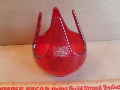 Vintage Viking Crackle Art Glass Candle Holder - Ruby Red - MCM With Label • $29.95