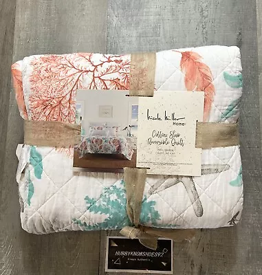 New * Nicole Miller Cozy Beach Ocean Aqua Blue Sea Shell Coastal Coral Quilt • $94.99