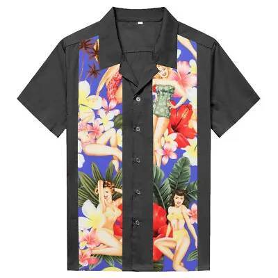 Mens Retro Vintage Bowling Shirts Floral Print Rockabilly Short Sleeves Top • £19.07