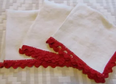 Vintage Off White Linen Napkins Set Of 3 Crochet Red Edge 12 X 12  EUC • $9.99