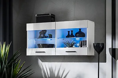 Wall Display Cabinet Unit Glass Shelves Cupboard Storage Living Room LED Black • £95