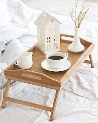 Bamboo Bed Breakfast Tray Table Wooden Serving Lap Tray With Folding Legs • £14.99